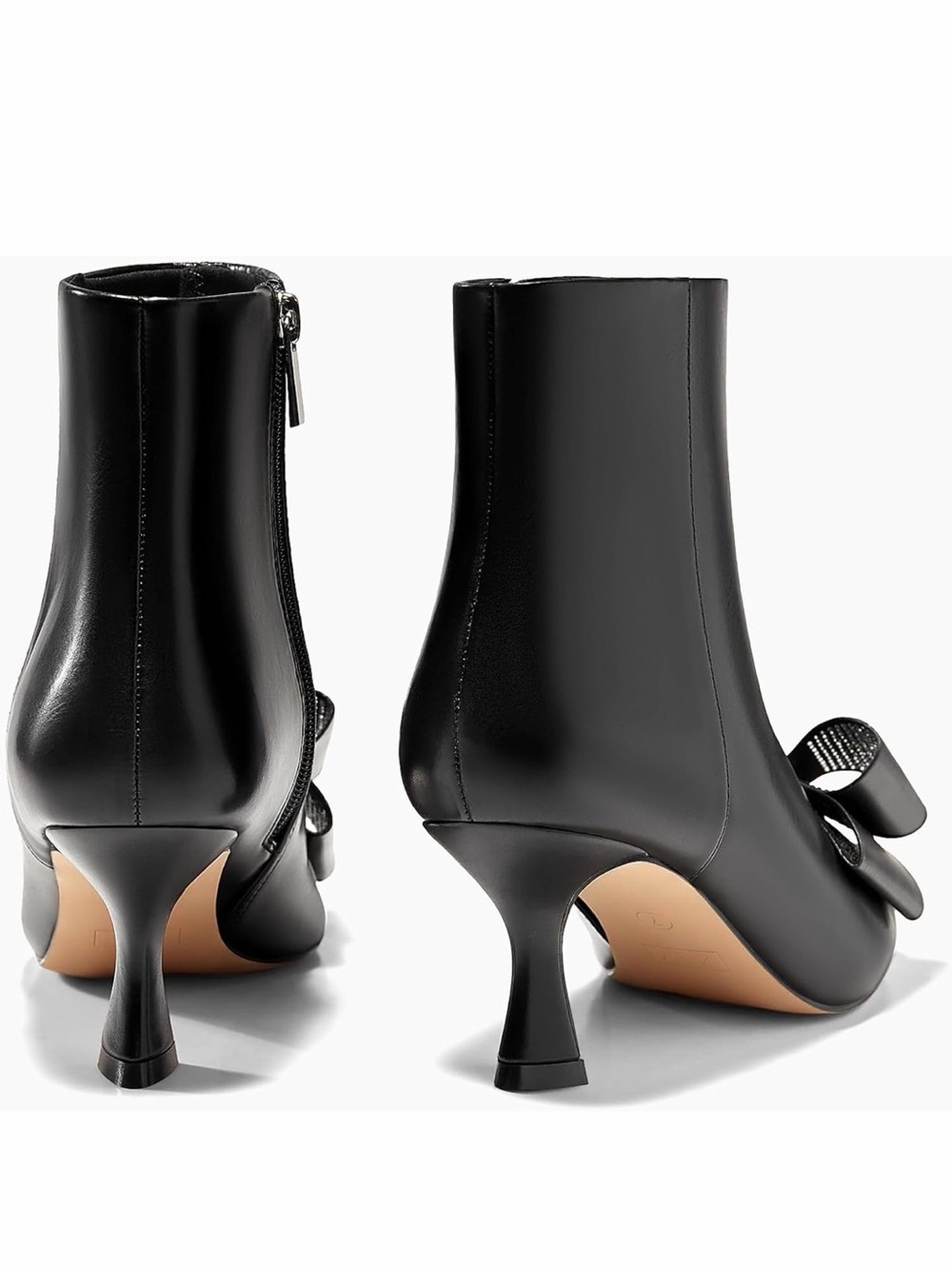 Black Leather Pointed Bow Ankle Boots with Sculpted Heel - Picture 5 of 5
